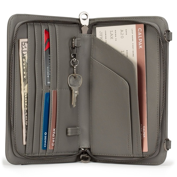 Calpak Faux Leather RFID Travel Wallet Gray Crossbody Shoulder Bag Fur Strap - Picture 3 of 14